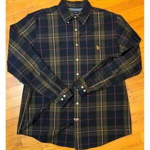 US POLO ASSN Mens Green Blue Plaid Button Down Shirt Long Sleeve Logo Sz LT Tall